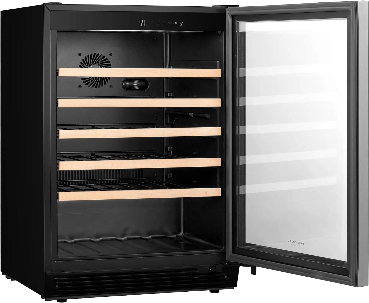 Black wine cooler with stainless steel frame, tinted glass door, and wood-trim wire shelving, designed for beverage centers and kitchen appliances.