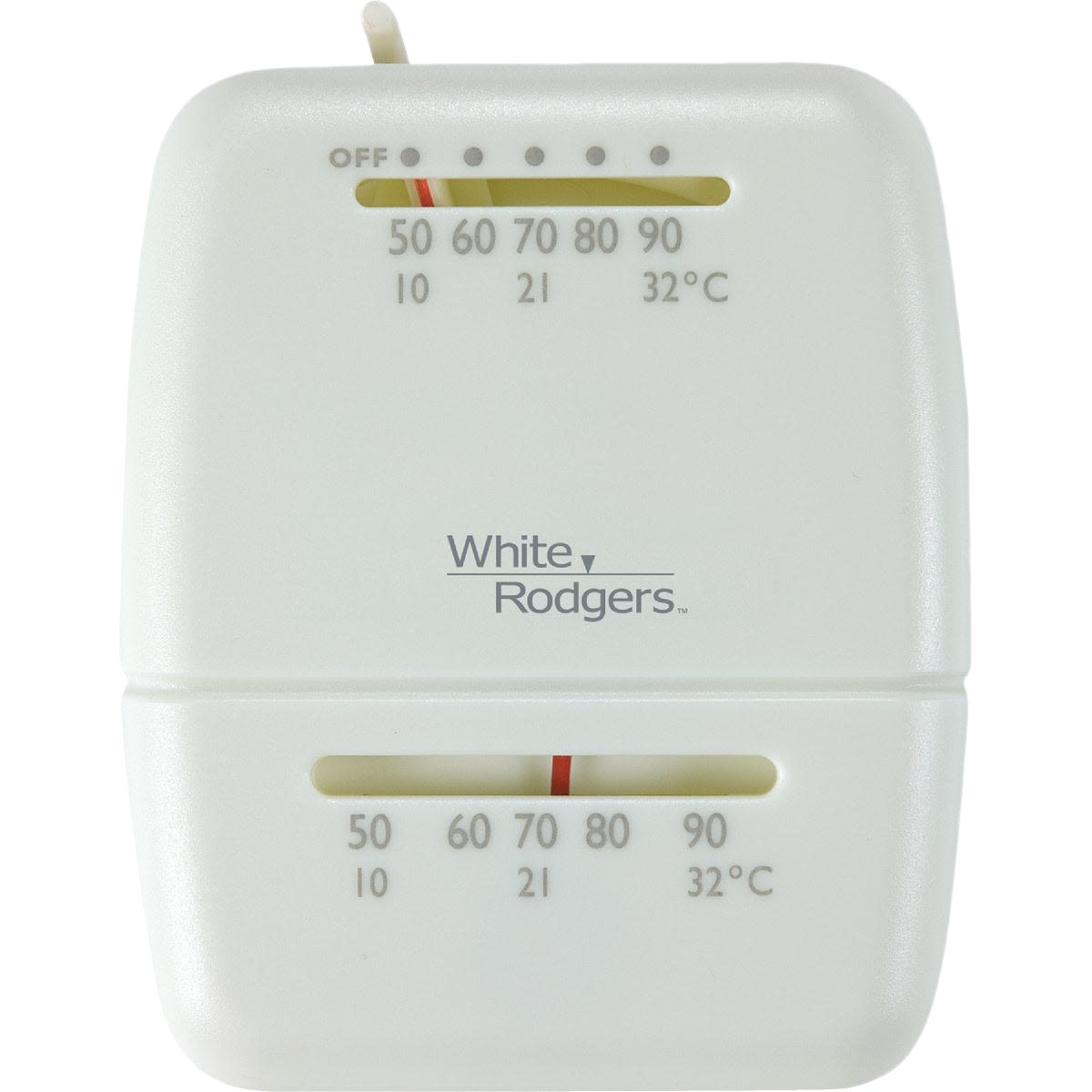 Compact white mechanical thermostat with temperature scale in Fahrenheit and Celsius for home heating systems