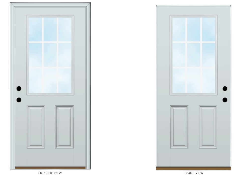 Pair of right hand inswing exterior doors with clear glass panels and molded fiberglass design for home improvement