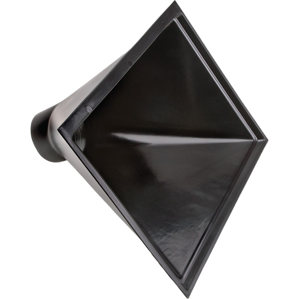 Black plastic dust hood with square opening for woodworking tools and dust collection systems