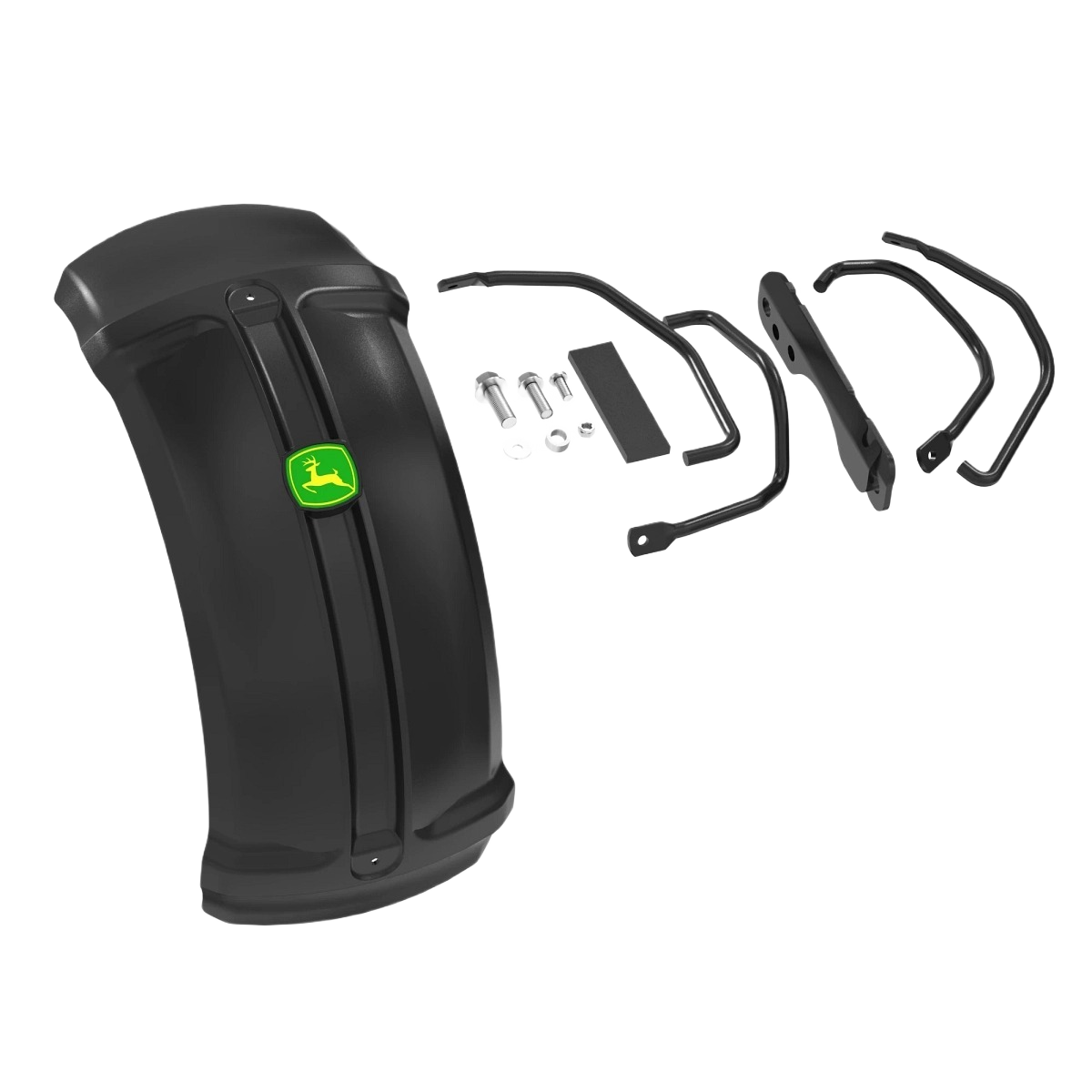 Black front fender kit with green logo and mounting hardware for John Deere tool and automotive accessories collection