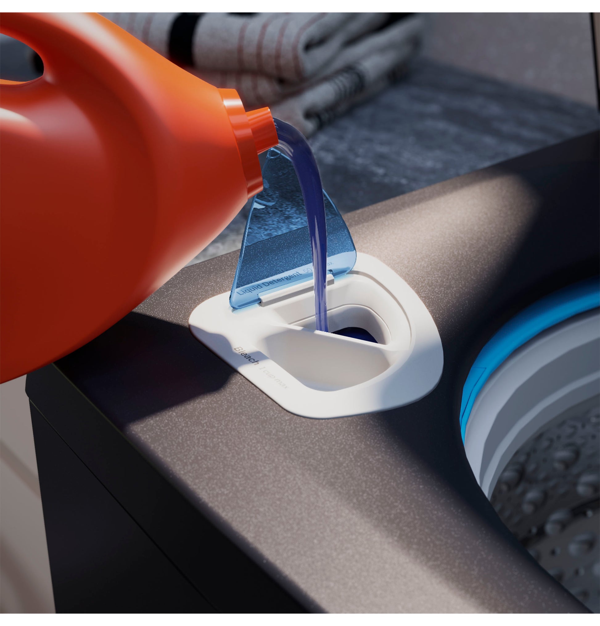 Pouring blue liquid detergent into the dispenser compartment of a dark GE Profile top load washer in laundry room setting