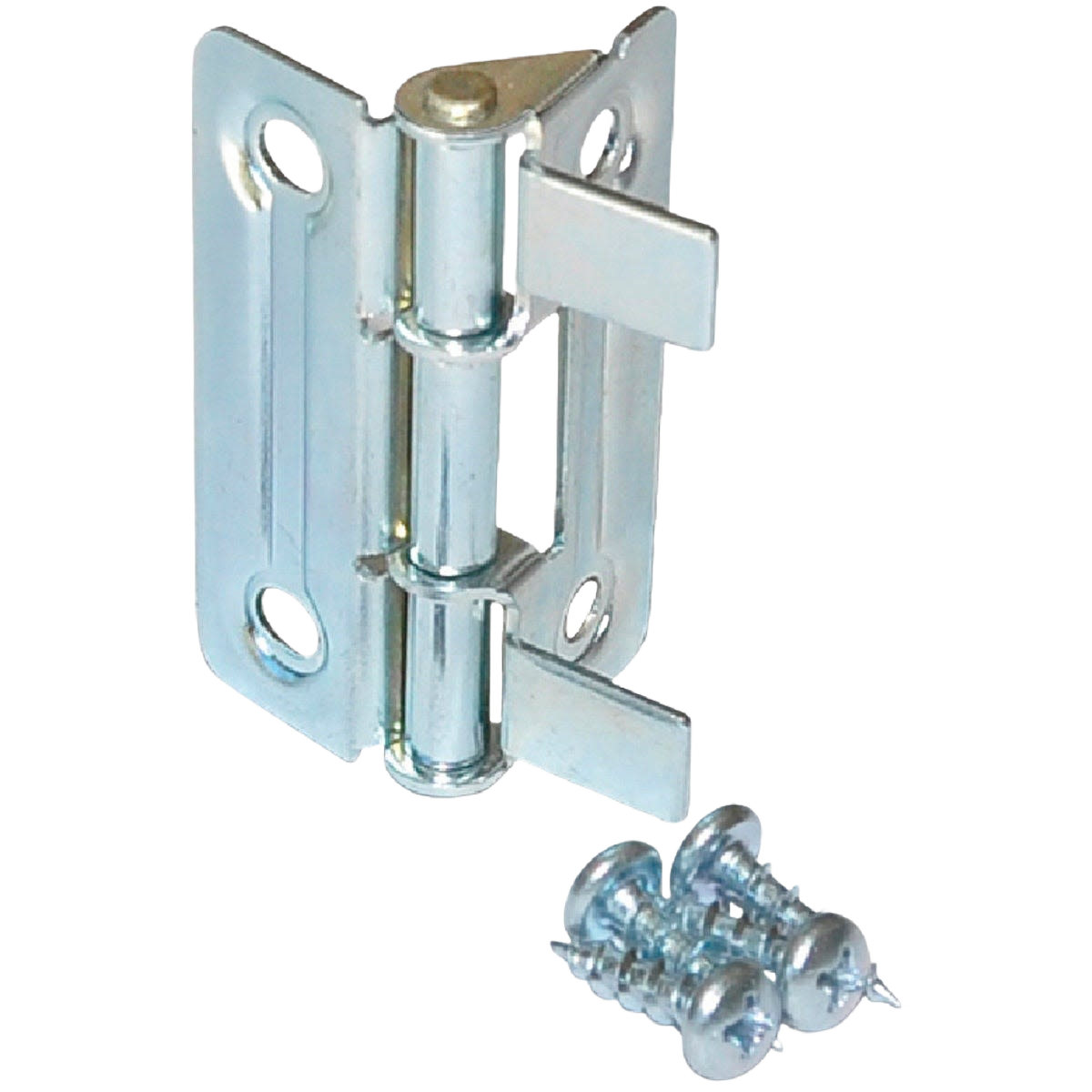 Bright metal hinge with automatic door alignment feature and included mounting screws for hardware and home improvement use