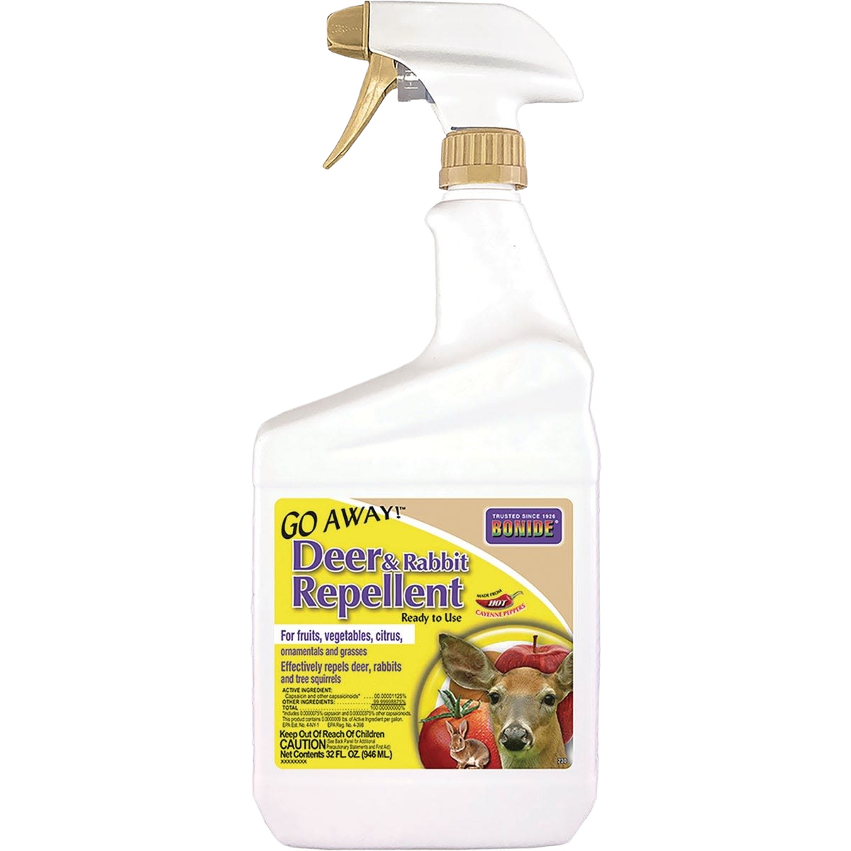 White spray bottle of Bonide animal repellent for lawn and garden use in pest control and rodent collections