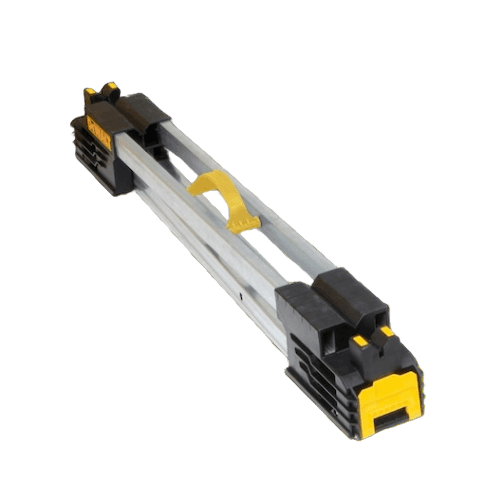 Compact folding sawhorse with lightweight aluminum frame and reinforced black and yellow plastic end supports for tools and home improvement