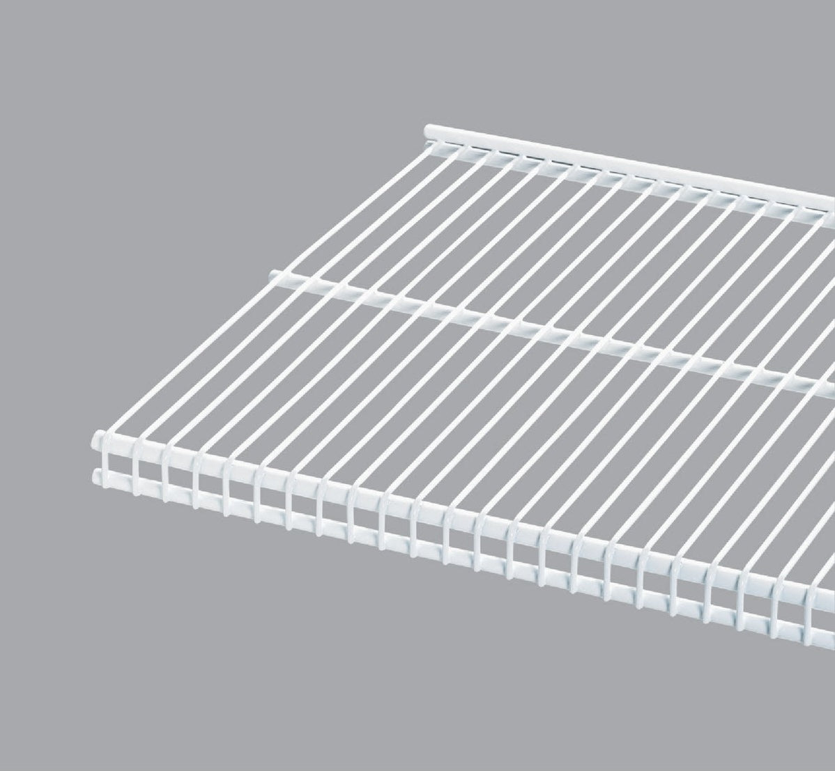 White ventilated closet shelf with slim front profile and end caps for organized storage and easy access