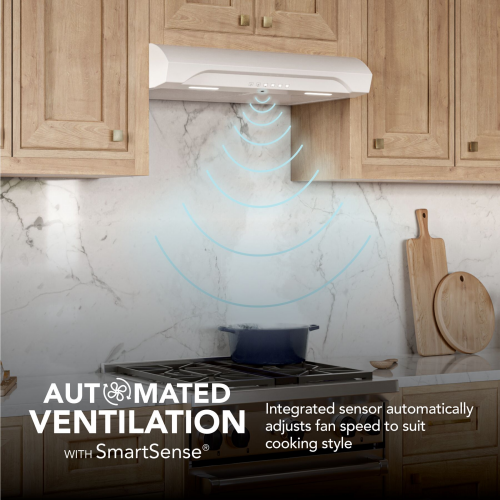 White under cabinet range hood with SmartSense sensor for automatic fan speed adjustment, featured in Under Cabinet Range Hoods, Kitchen & Kitchenware, and Appliances collections.