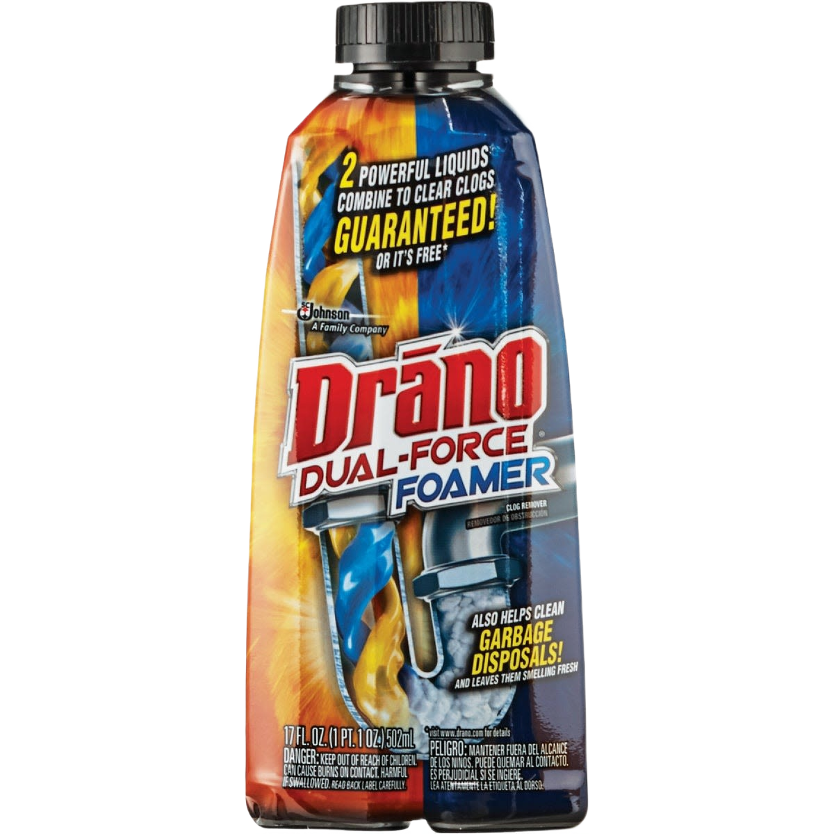 Bottle of foaming drain cleaner with dual liquid formula for clearing clogs and cleaning garbage disposals in plumbing collections