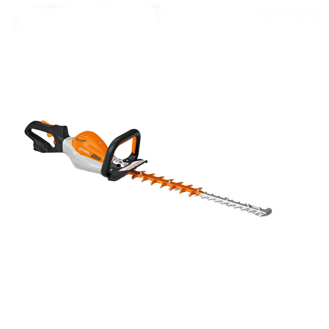 Orange and black cordless hedge trimmer with dual handles and sharp silver blades for home improvement tasks