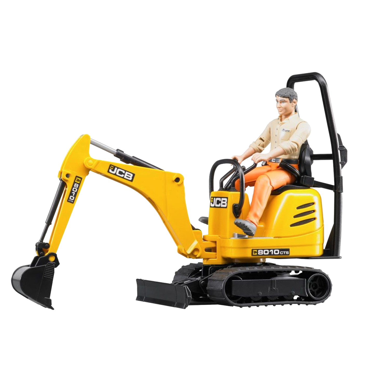 Yellow Bruder JCB C8010 CTS micro excavator toy with articulated arm and seated construction worker figure under $100 collection
