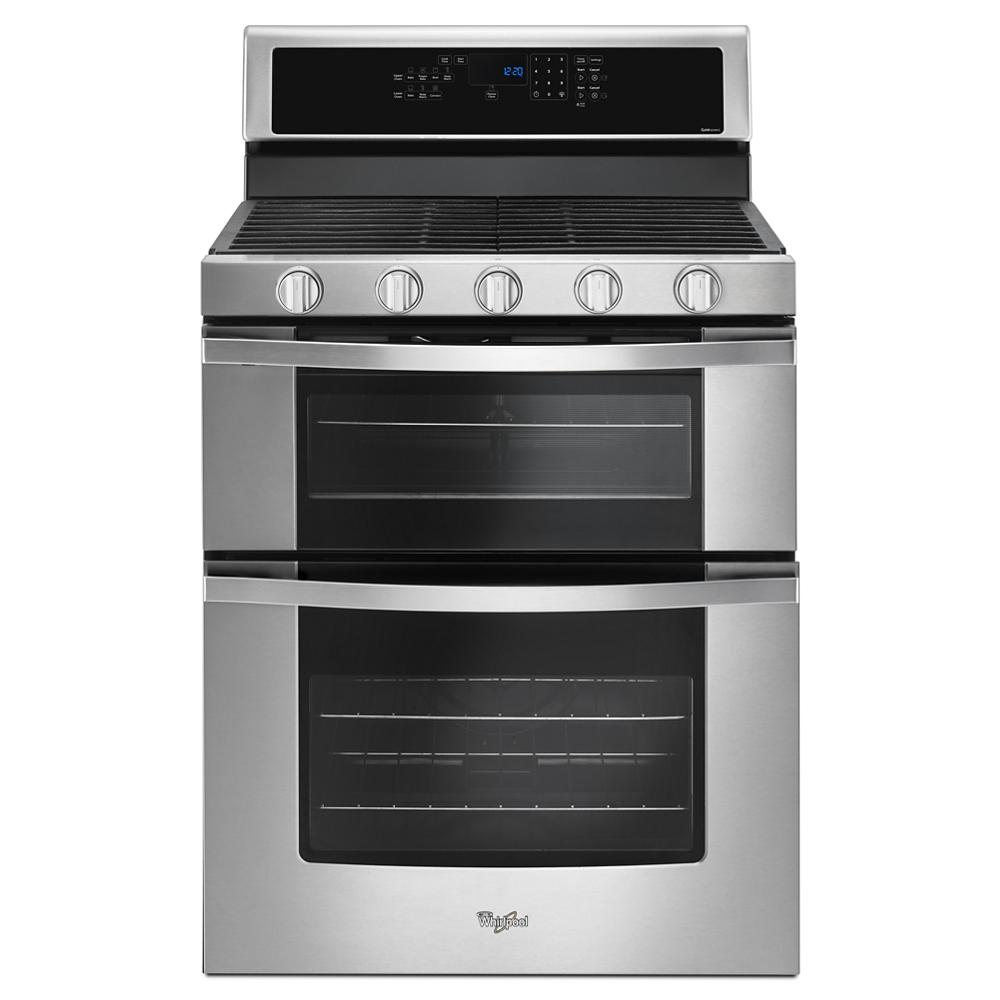 Stainless steel gas range with double oven, five control knobs, and digital touchscreen from Ranges & Cooktops collection