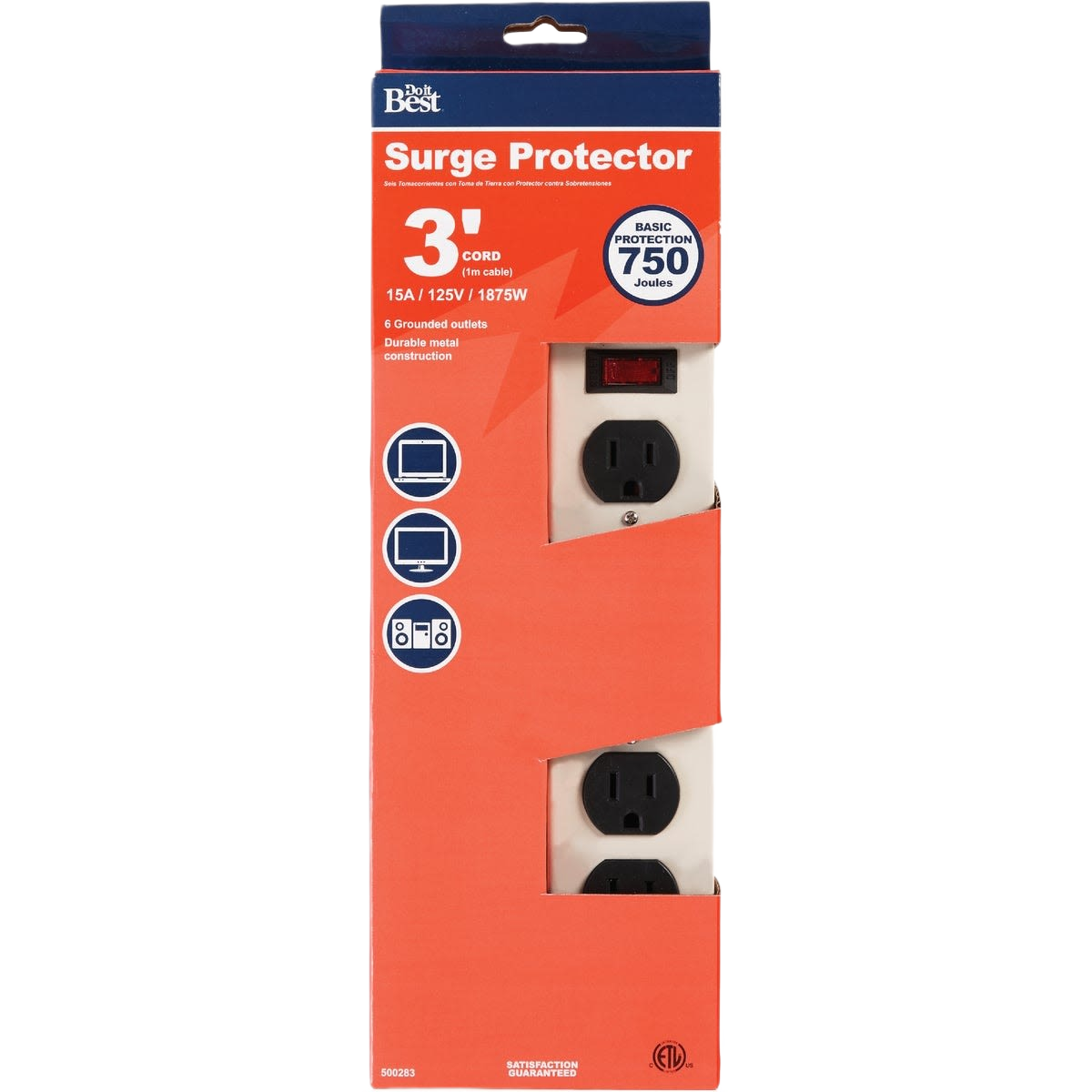 Metal 6-outlet surge protector strip with 3-foot cord and basic 750-joule protection for home electrical use
