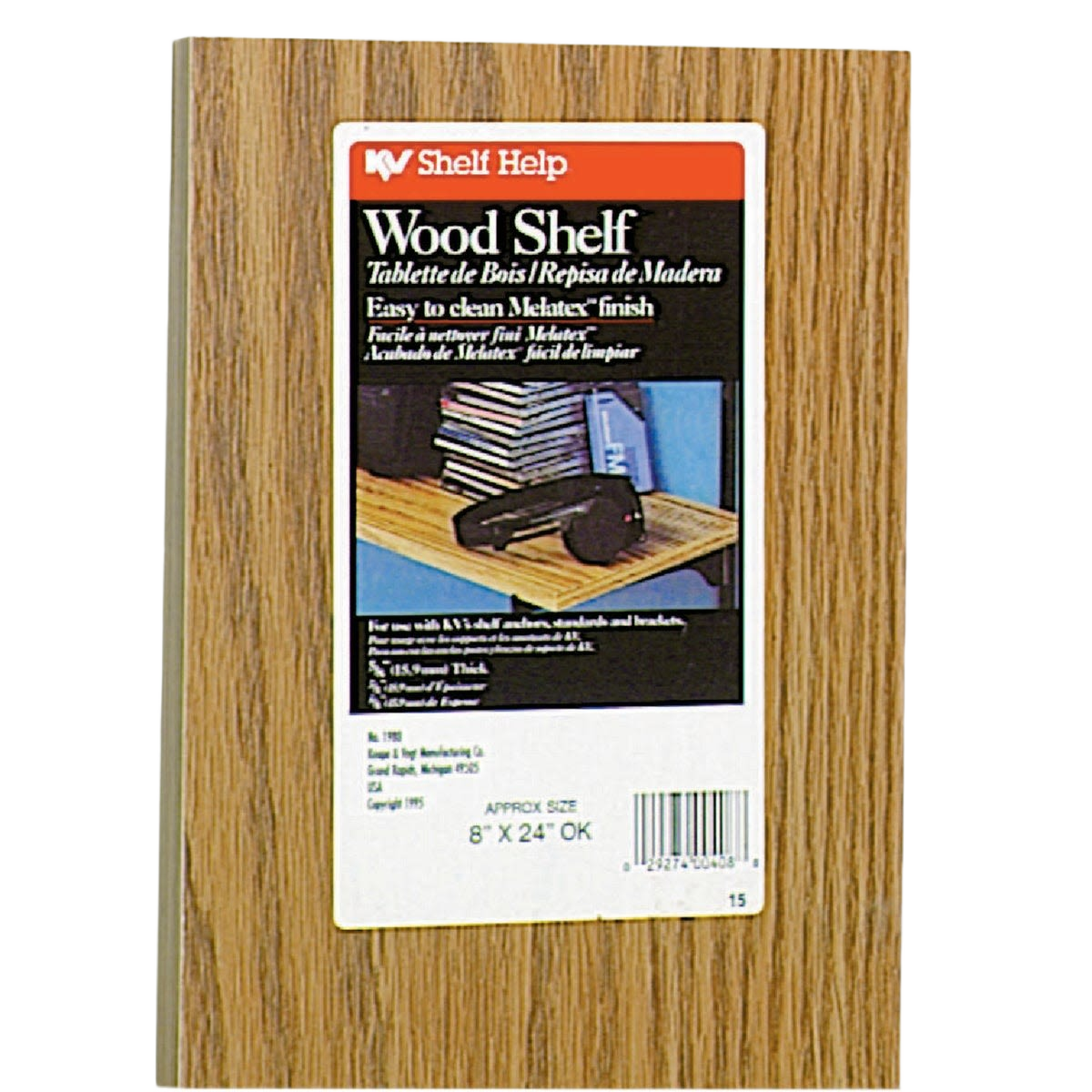 Oak-finish all-purpose wood shelf for storage and organization, ideal for home improvement and shelving projects.