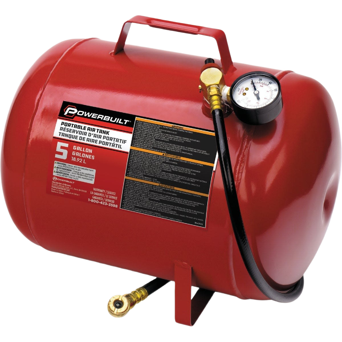 Red portable air tank with pressure gauge and hose for air tools and home improvement projects under $100
