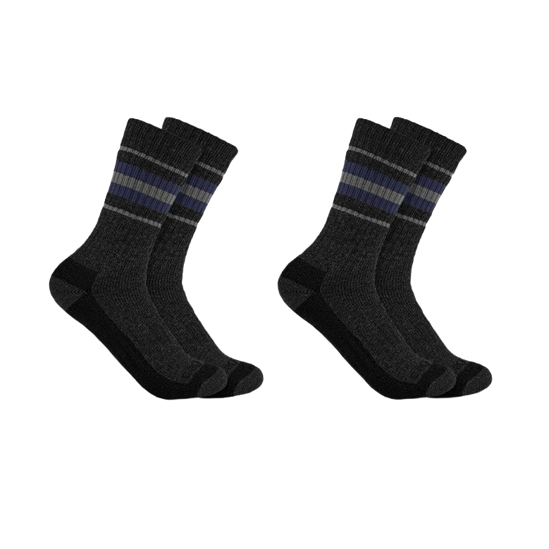 Two pairs of heavyweight synthetic-wool blend crew socks in dark gray with black and navy stripe accents, part of Clothing & Shoes, Accessories, and Women's Carhartt collections at Hartville Hardware.