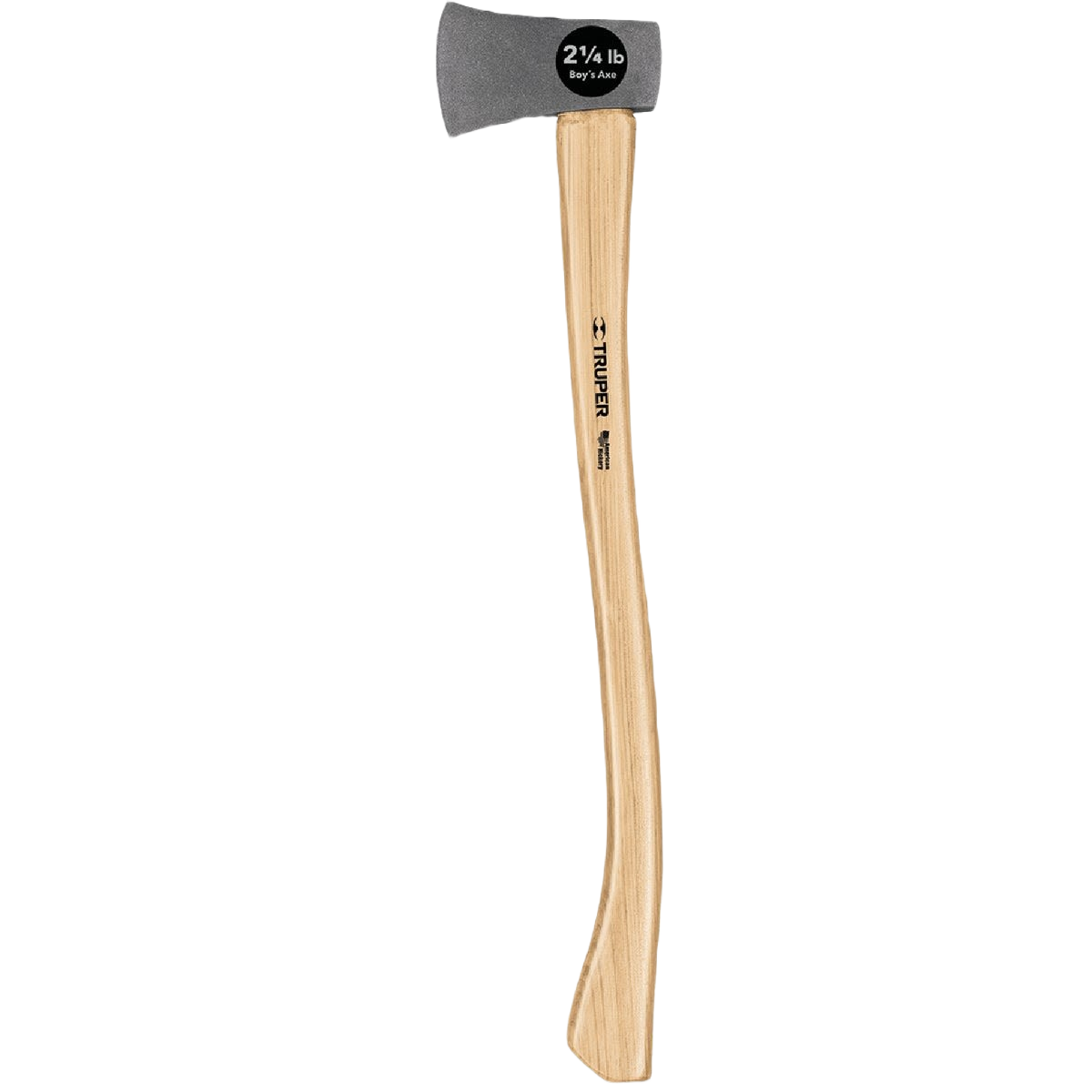 A 2¼ pound boy’s axe with a wooden handle and black steel head for home improvement and outdoor tasks