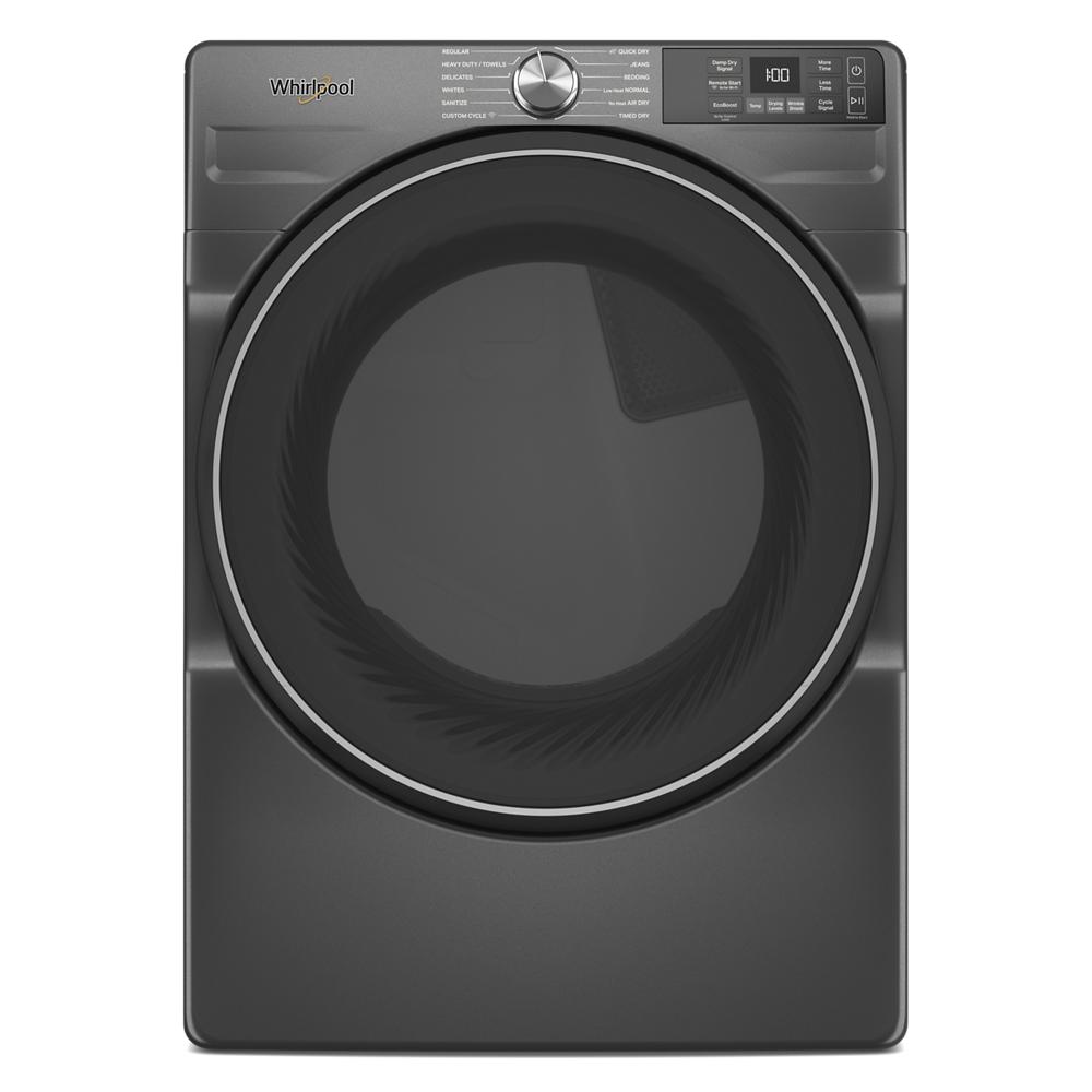 Dark gray front load electric dryer with digital control panel and large round door from dryers and appliances collection