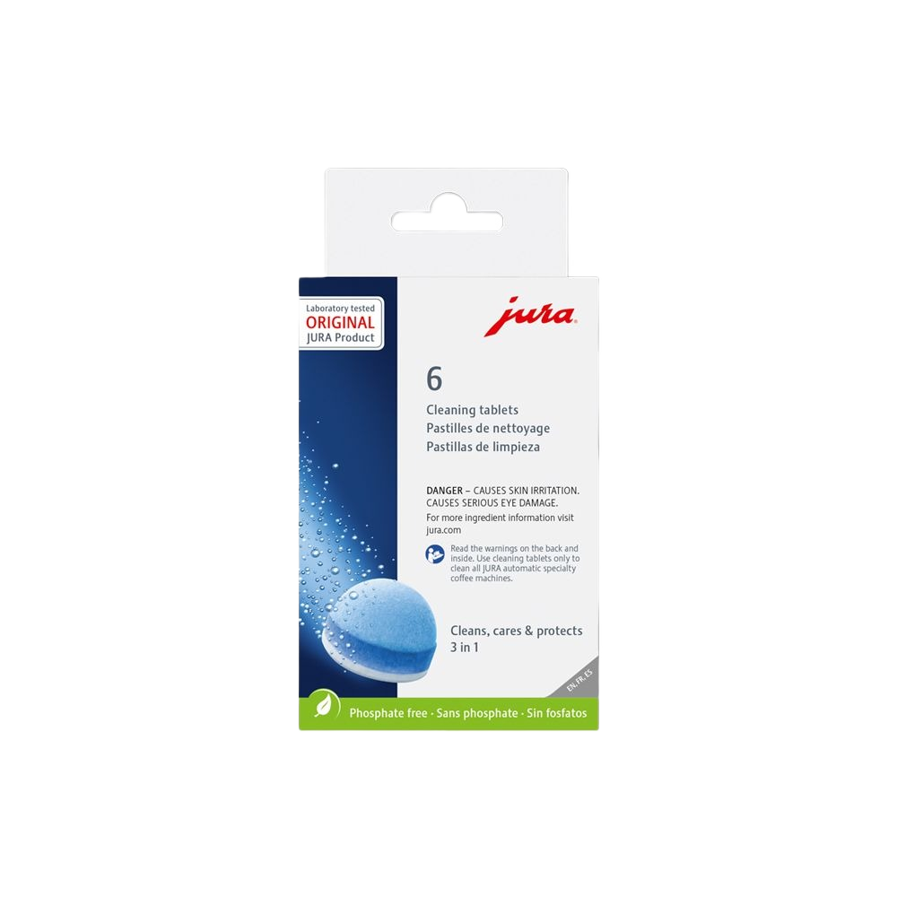 Box of six Jura cleaning tablets with blue tablet image, designed for kitchenware and cleaning supplies under $50.
