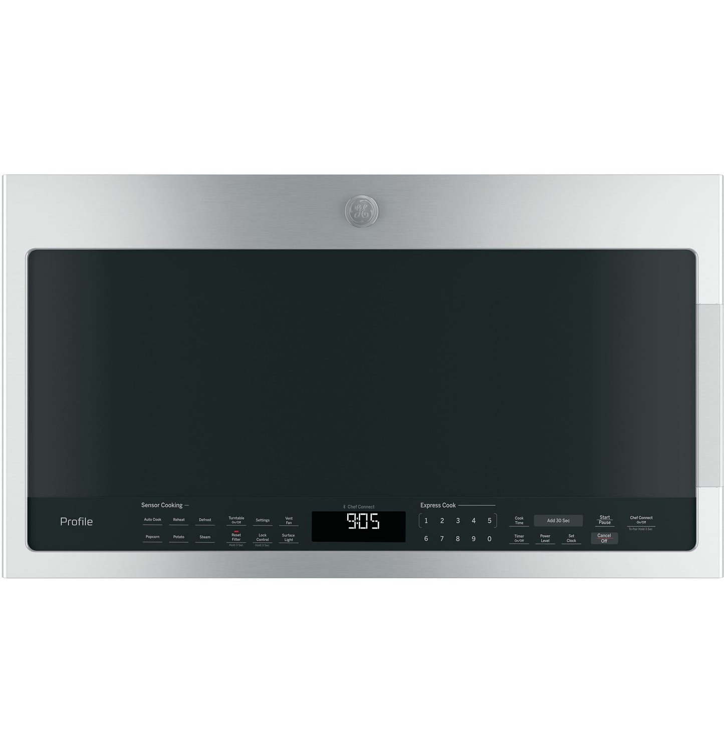 Over-the-range microwave oven control panel with digital timer and sensor cooking options in stainless steel finish