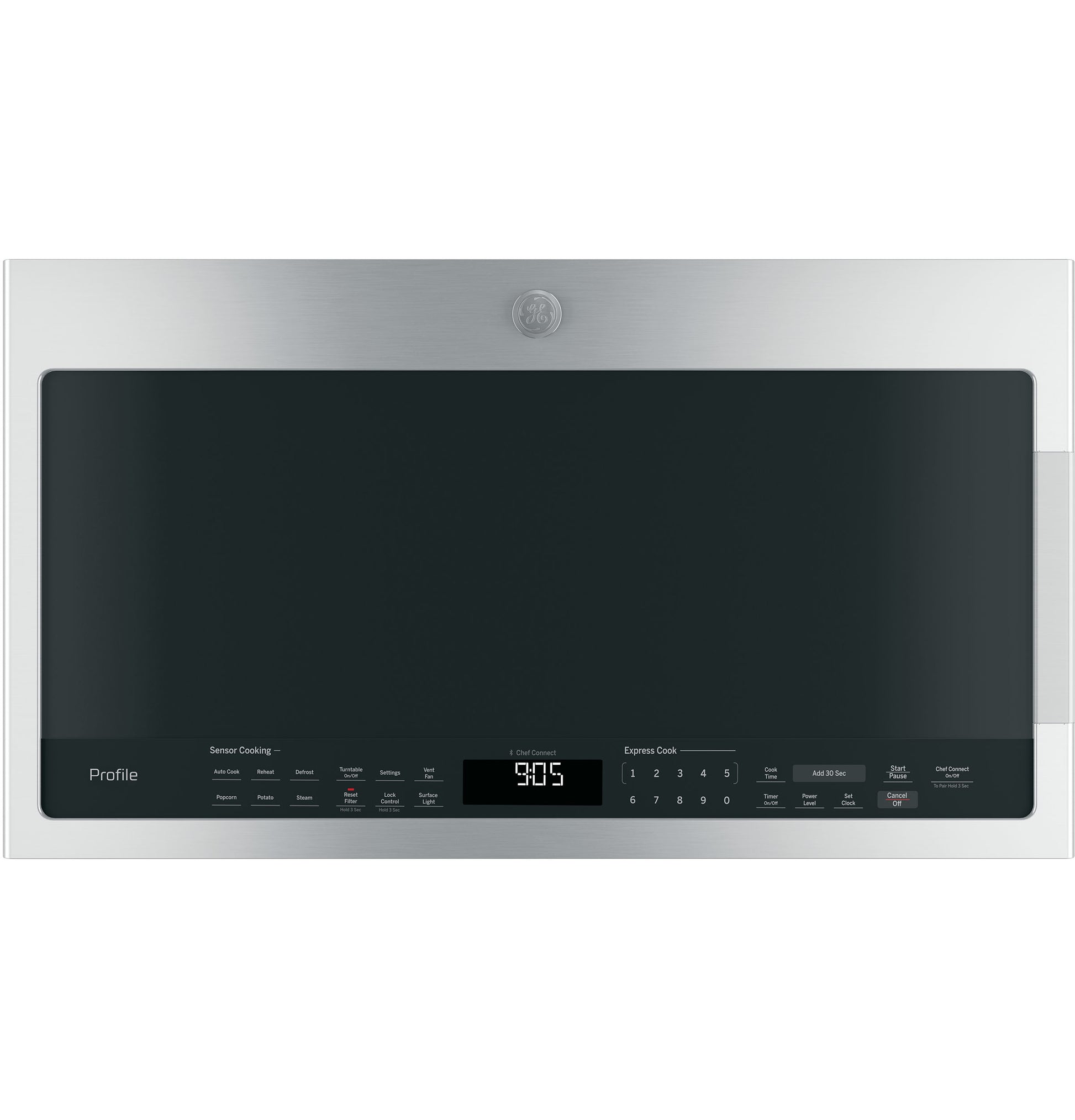 Over-the-range microwave oven control panel with digital timer and sensor cooking options in stainless steel finish