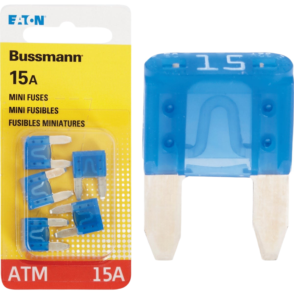 Blue 15 amp mini automotive fuses in a 5-pack package for use in tools and home improvement projects