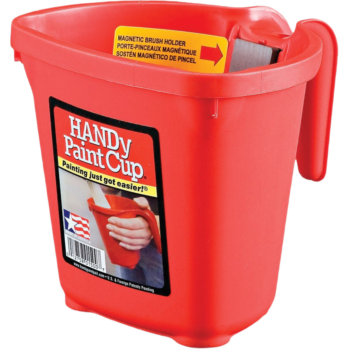 Red solvent-resistant paint cup with hand rest and magnetic brush holder for paint and supplies collection