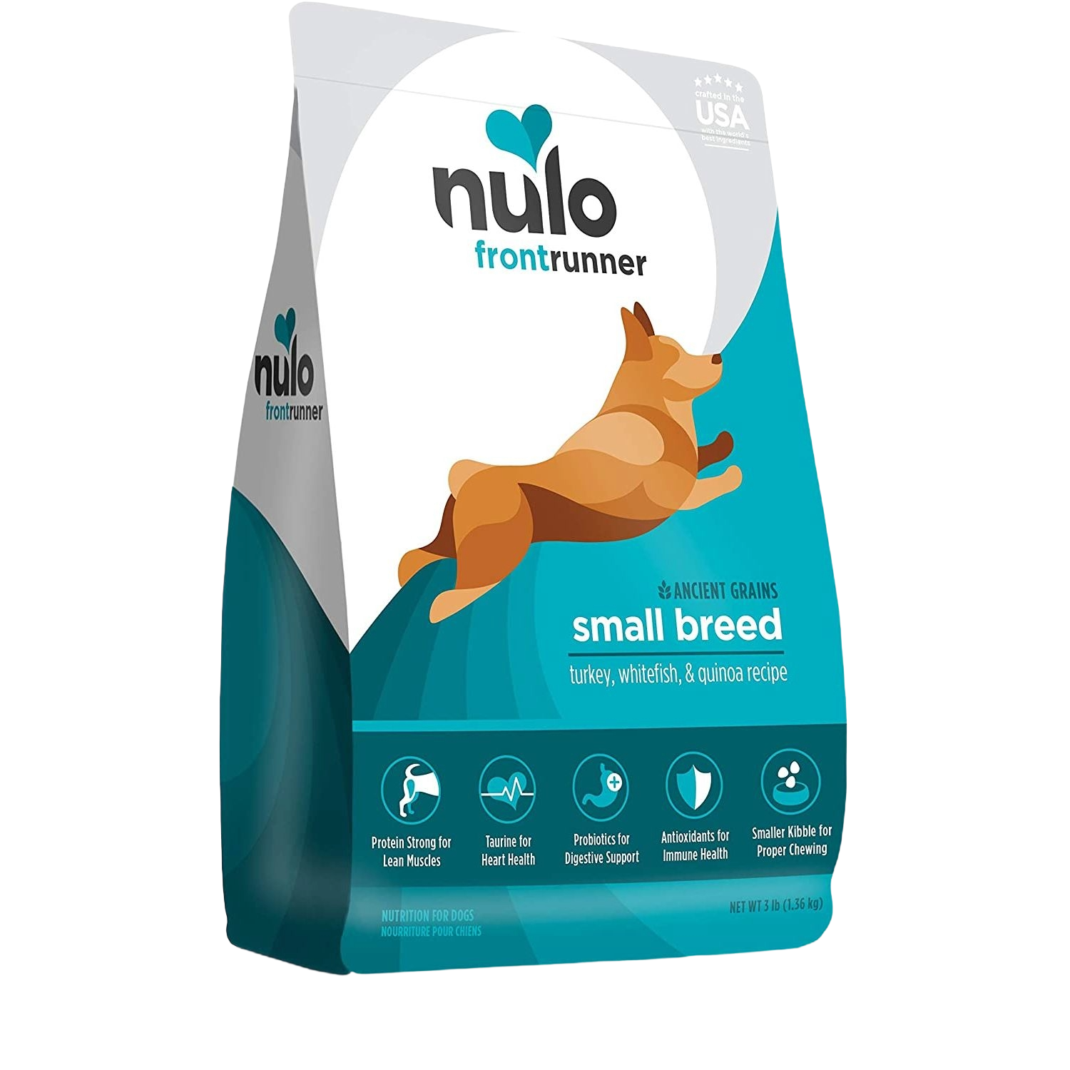 Bag of Nulo Frontrunner small breed dry dog food with turkey, whitefish, quinoa recipe in pet food collection