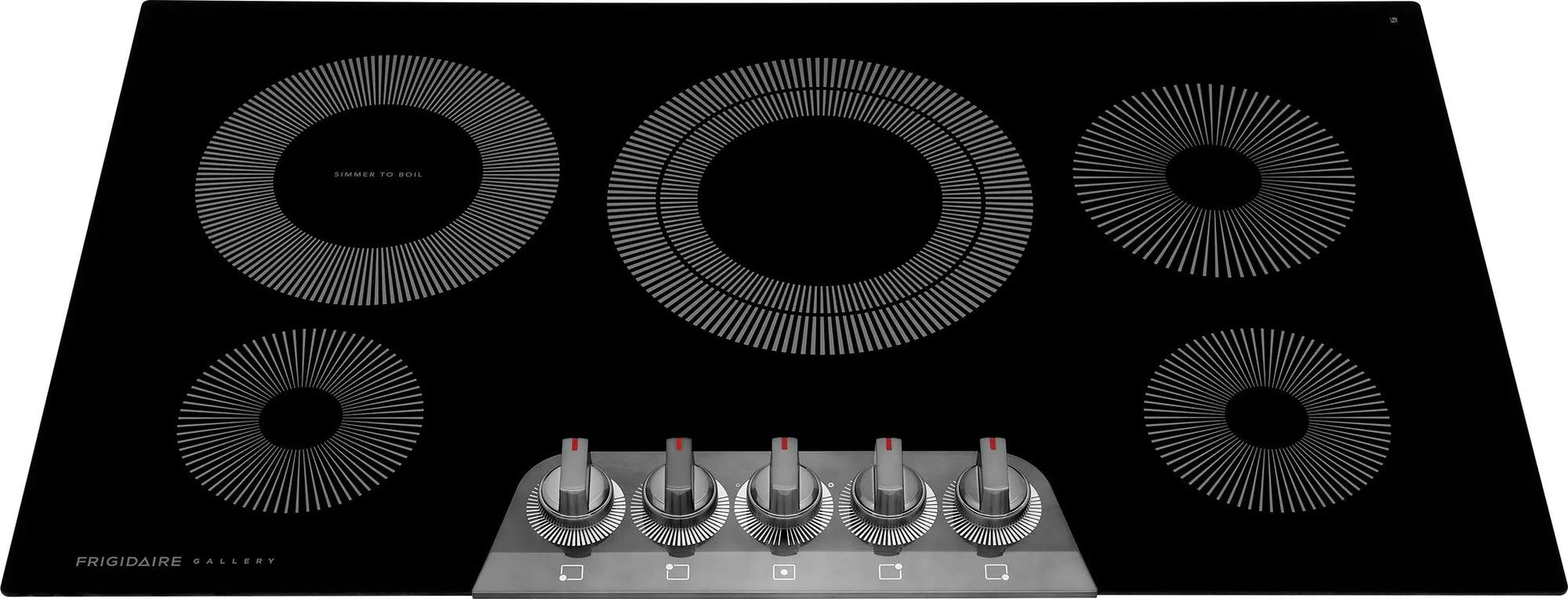 36-inch black electric cooktop with five heating elements and stainless steel control knobs in kitchen appliances collection