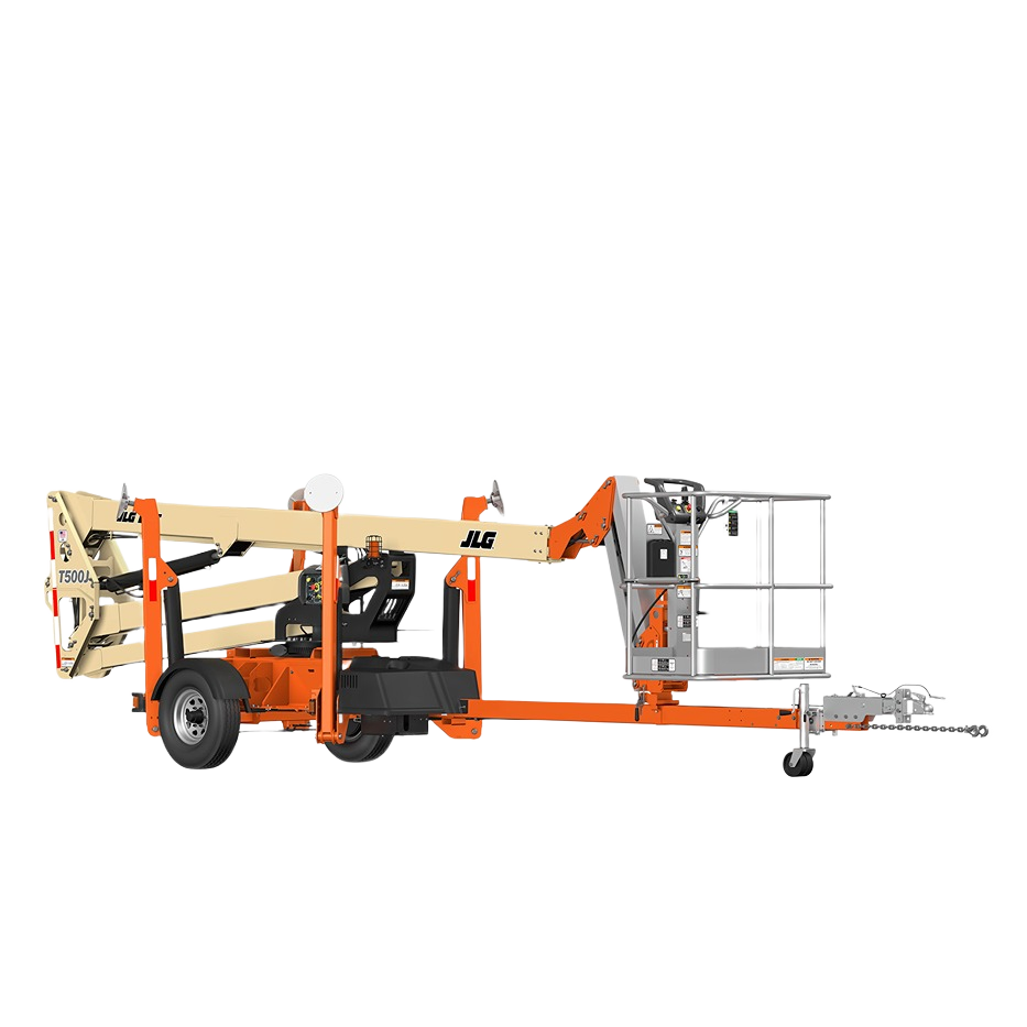 Orange and beige towable boom lift with extendable arm and safety cage platform, part of Rental Equipment and All Products for home improvement tools at Hartville Hardware.