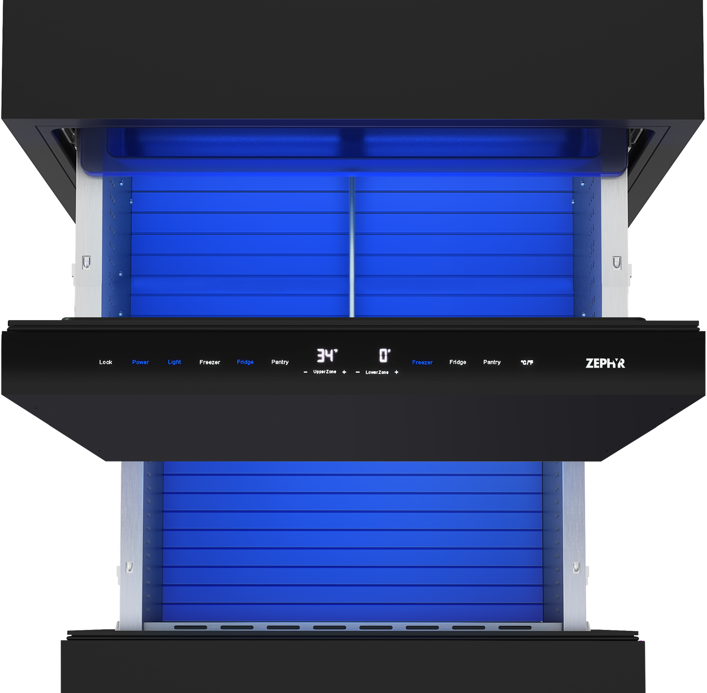 Black dual-zone refrigerator and freezer drawers with blue interior and digital temperature display from Appliances collection