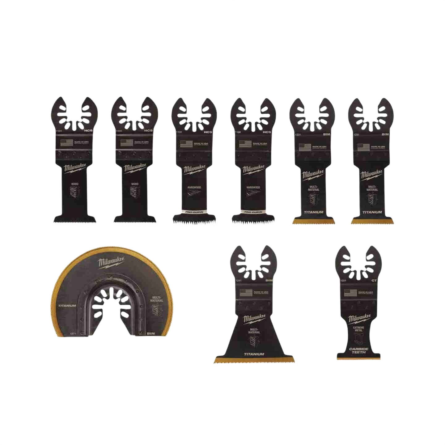 Set of nine precision multi-tool blades in black with various cutting edges for versatile home improvement tasks