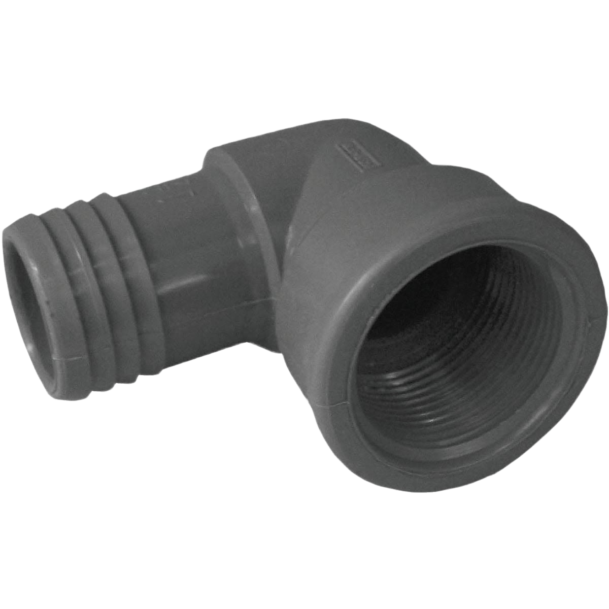 Gray polypropylene 90-degree insert elbow fitting with female threaded end for irrigation and plumbing systems