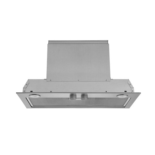 Stainless steel custom power pack insert with dual control knobs and LED lighting for range hoods and kitchen appliances