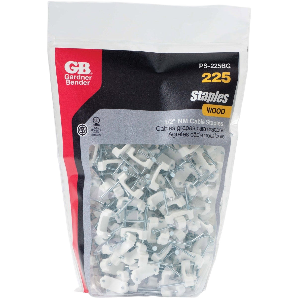 Clear plastic bag of 225 white poly cable staples with metal nails for securing cables to wood surfaces in home improvement tasks