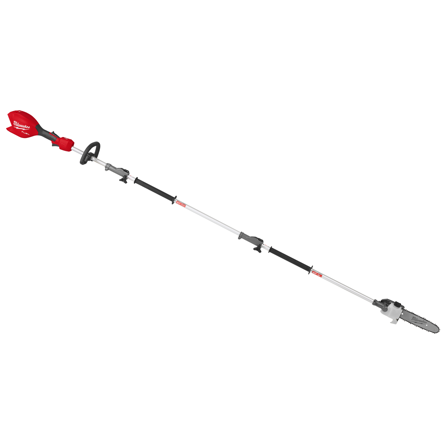 Cordless red and black pole saw with 10-inch cutting bar and adjustable silver extension for outdoor home improvement tasks