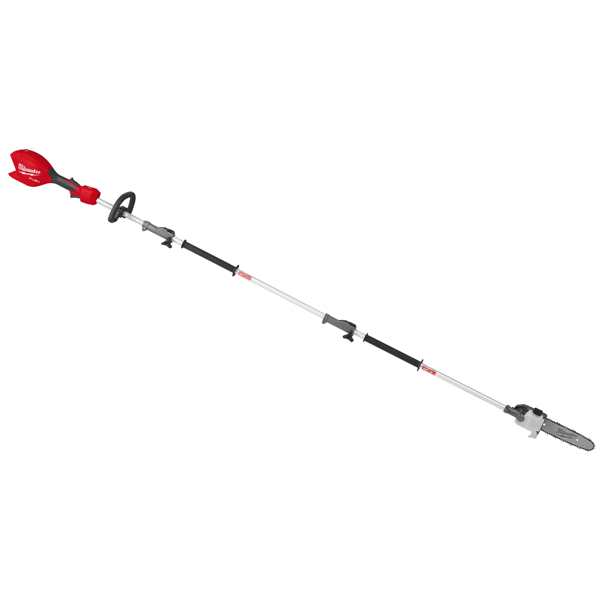 Cordless red and black pole saw with 10-inch cutting bar and adjustable silver extension for outdoor home improvement tasks