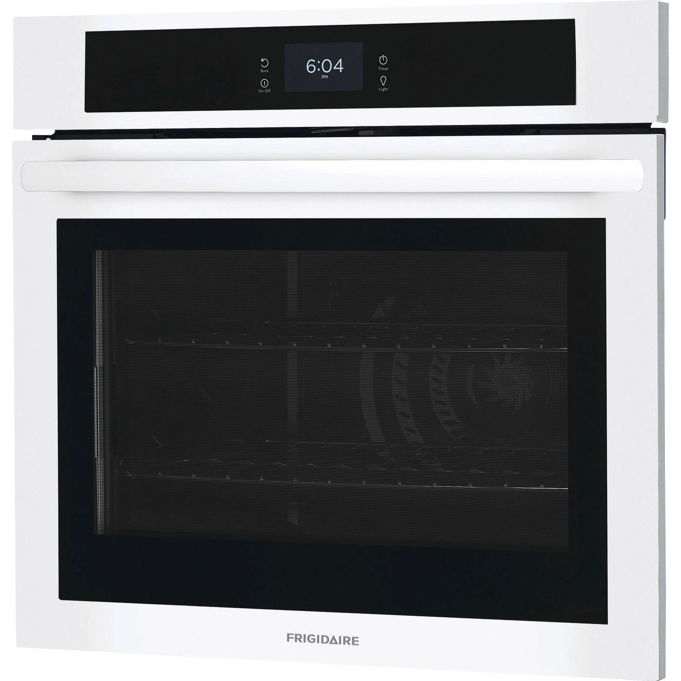 White electric single wall oven with fan convection, digital touch controls, and large glass door in kitchen appliances collection
