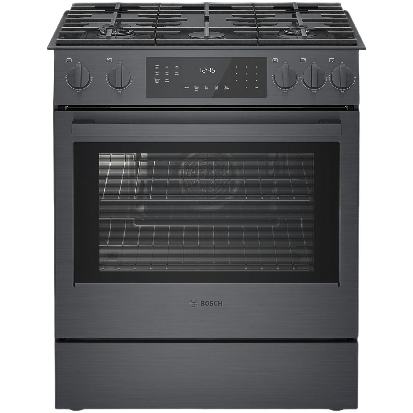 black stainless steel 30-inch gas slide-in range with touch controls and metal knobs in kitchen appliances collection