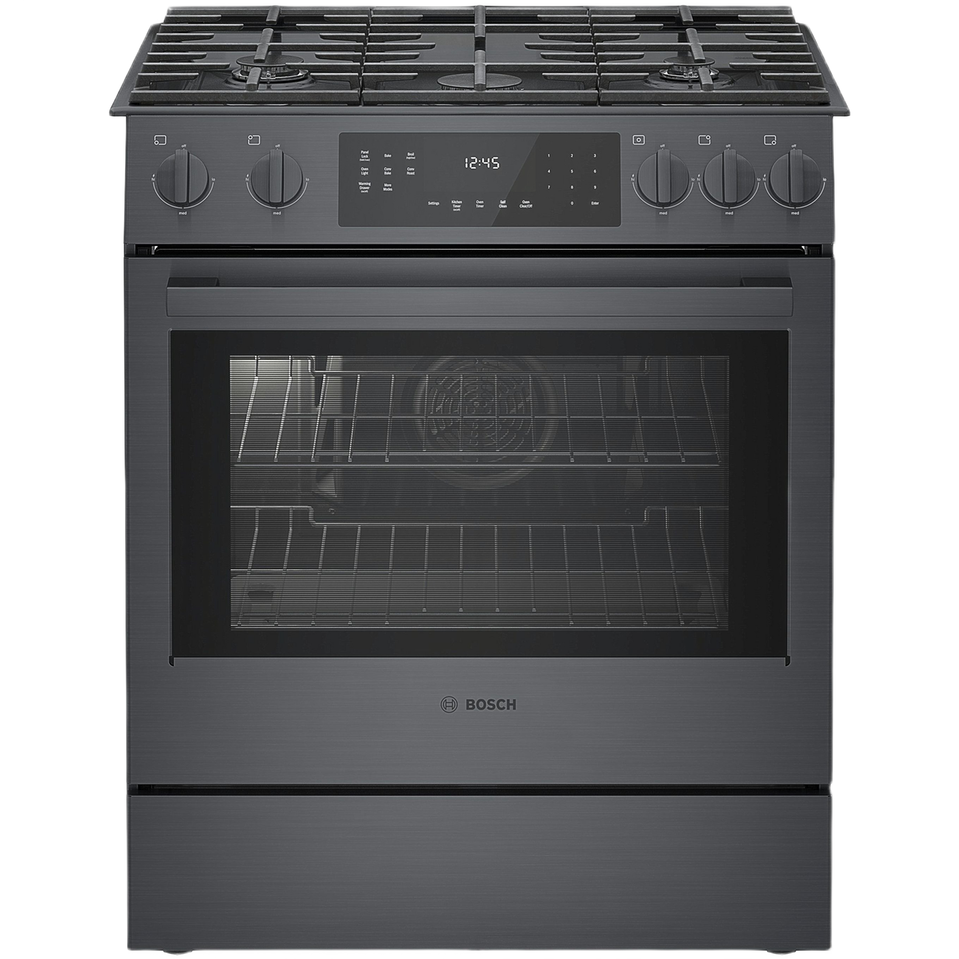 black stainless steel 30-inch gas slide-in range with touch controls and metal knobs in kitchen appliances collection