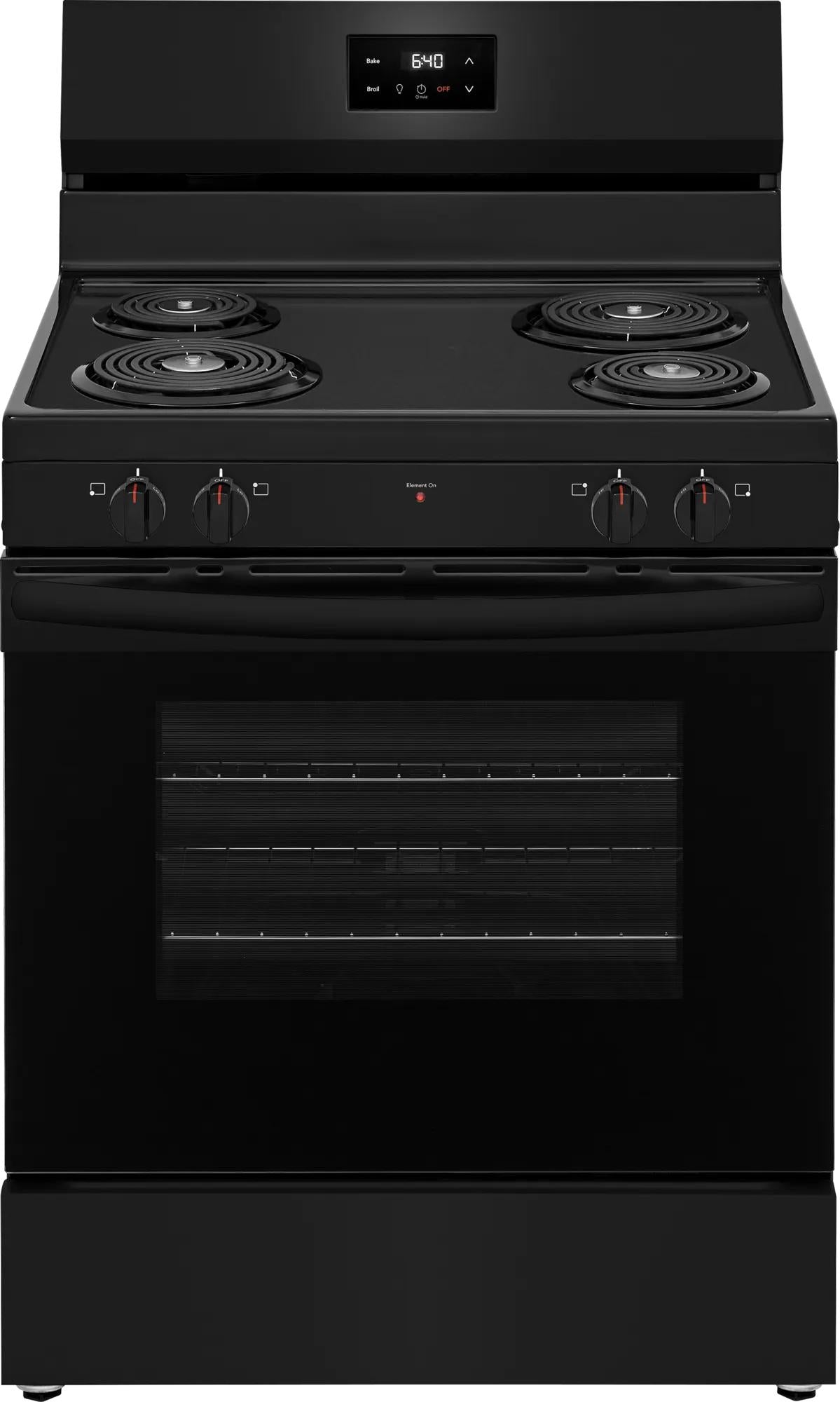 black freestanding electric range with coil burners and digital clock control for home improvement and kitchen appliances