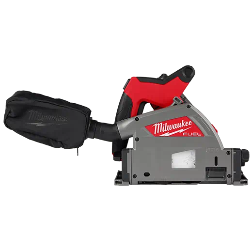 Cordless plunge track saw with red and black ergonomic handle and dust collection bag for woodworking power tools