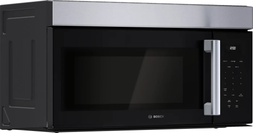 Black Bosch 100 Series over-the-range microwave with left side door and digital control panel in kitchen appliances collection