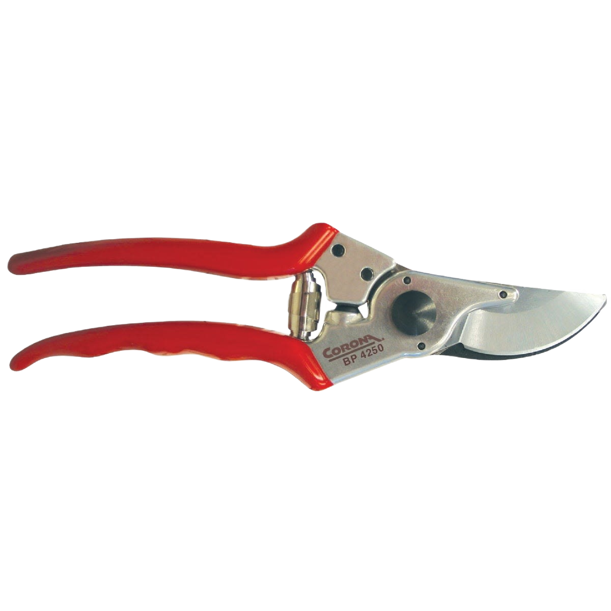 Forged bypass pruner with red ergonomic handles and sharp stainless steel blade for precise cutting in home improvement tasks