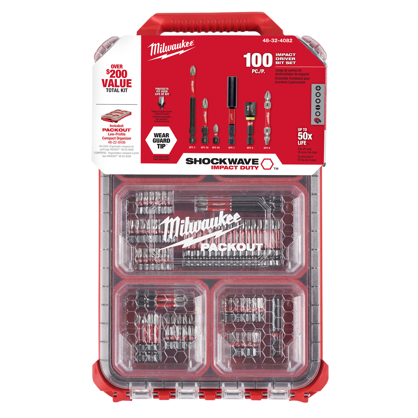 Red and clear Milwaukee PACKOUT case with 100 impact duty driver bits for tool and power tool accessories collections