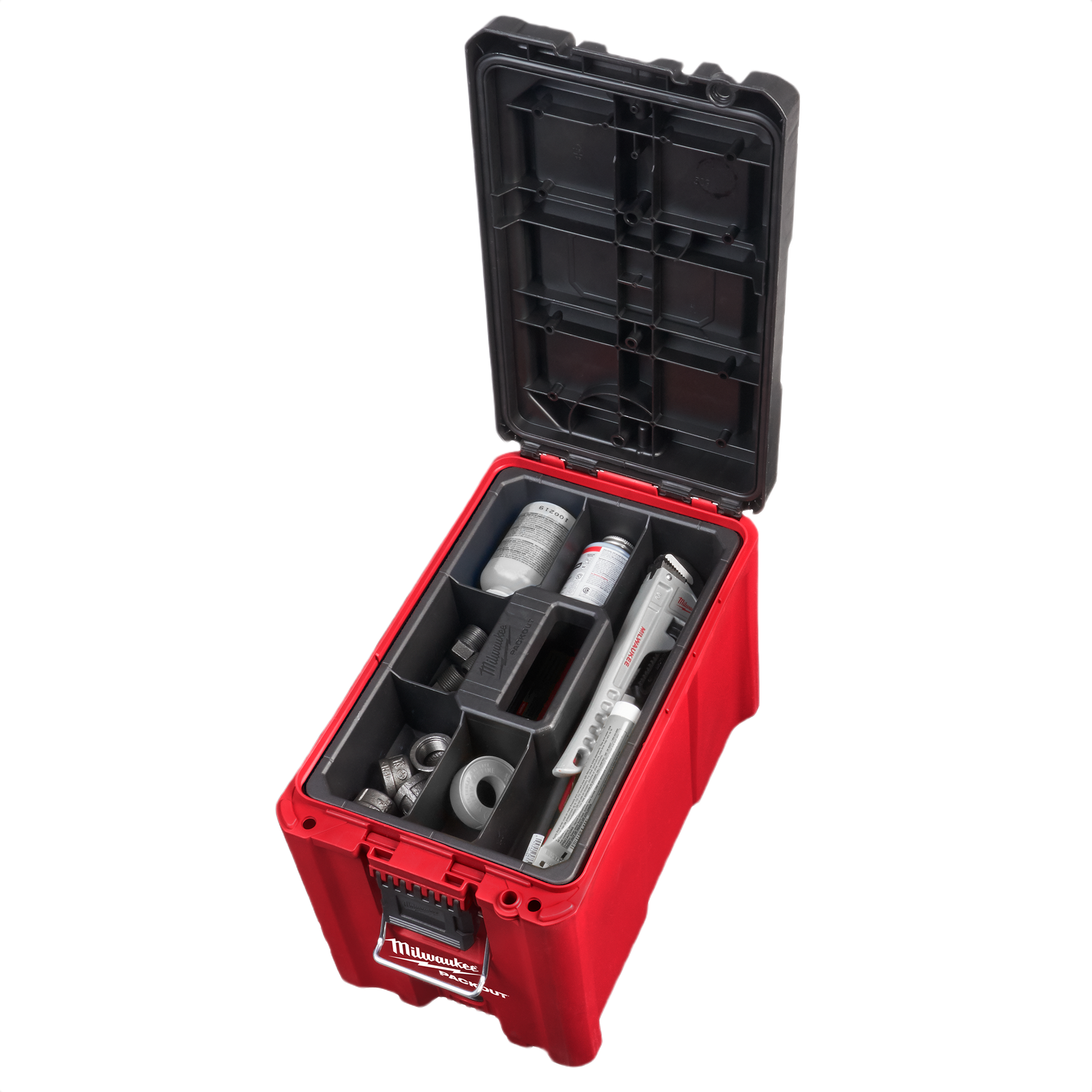 Red and black Milwaukee PACKOUT compact tool box with multiple compartments organizing tools and hardware for jobsite storage
