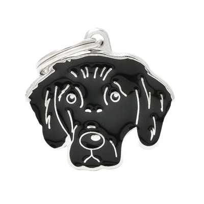 Black and silver dog-shaped ID tag with embossed facial features and metal keyring for pet identification use