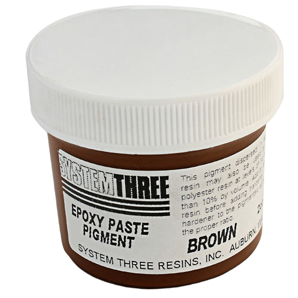 Small container of brown epoxy paste pigment for wood sealers and specialty paint in home improvement tools collection
