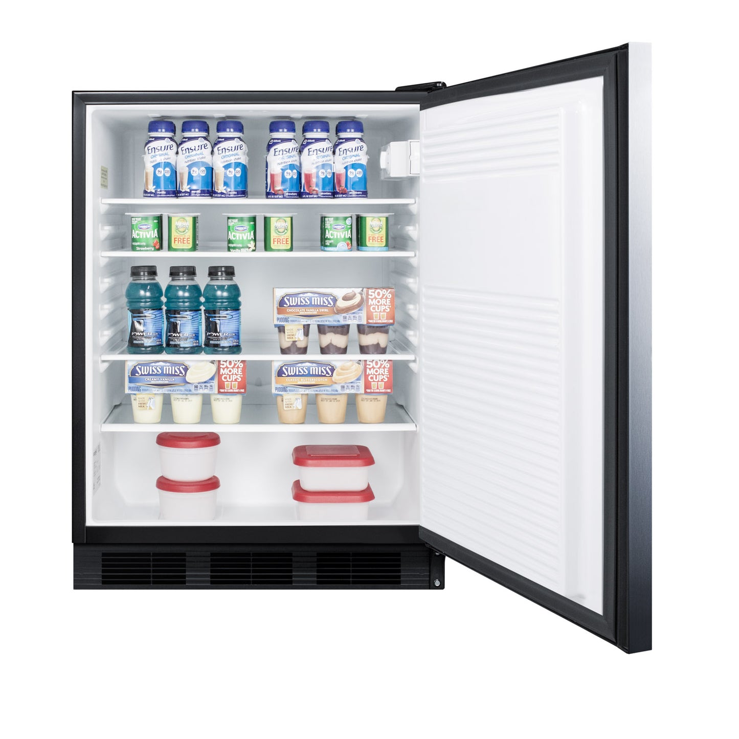 Open 24-inch wide ADA compliant refrigerator showing stocked shelves with beverages and food containers in kitchen appliances