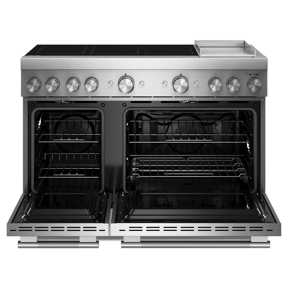 Stainless steel 48-inch induction range with six control knobs, dual ovens open, and built-in griddle surface in kitchen setting