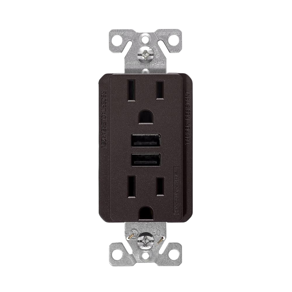 Rubbed bronze electrical outlet with dual USB ports and two standard receptacles for home improvement use